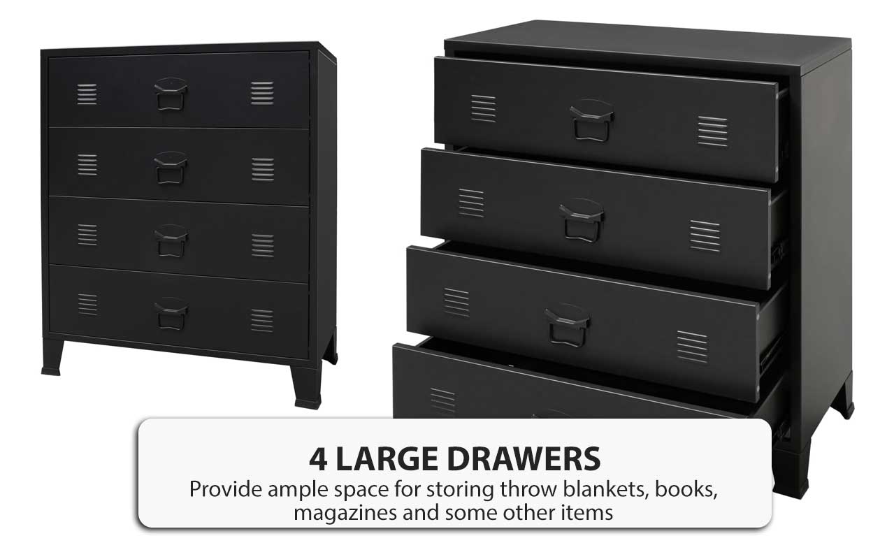 Black Metal Storage Chest of 4 Large Drawers Industrial Style
