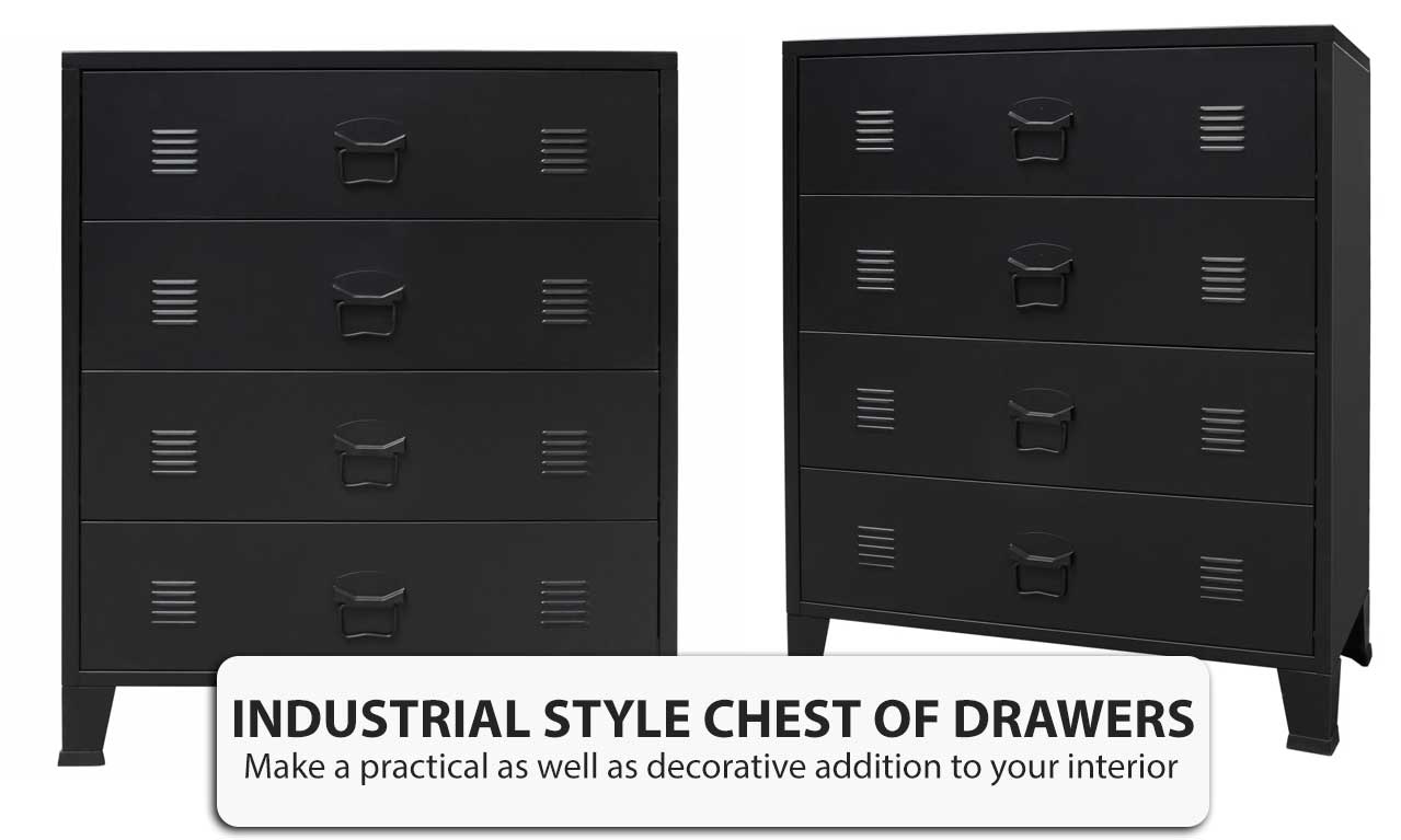 Black Metal Storage Chest of 4 Large Drawers Industrial Style