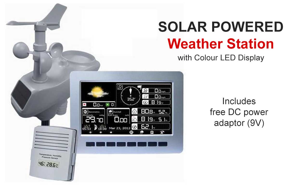 Solar Powered Wireless Weather Station Colour LED Display Outdoor 