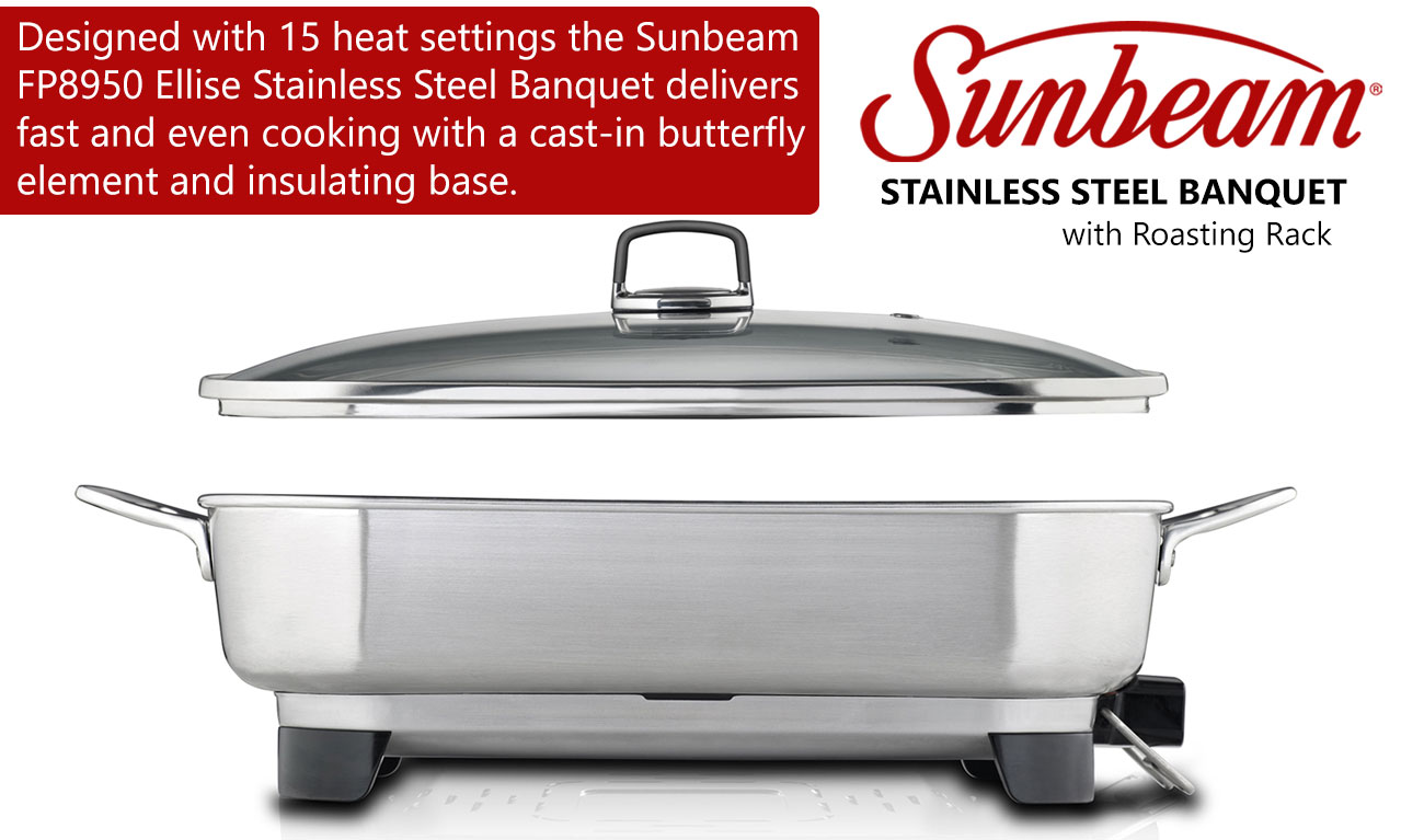 Sunbeam Banquet Frypan Stainless Steel Electric Fry Pan Glass Lid