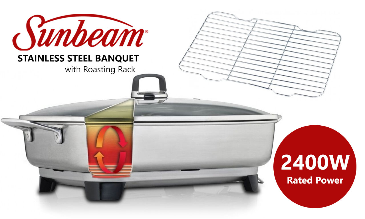 Sunbeam Banquet Frypan Stainless Steel Electric Fry Pan Glass Lid